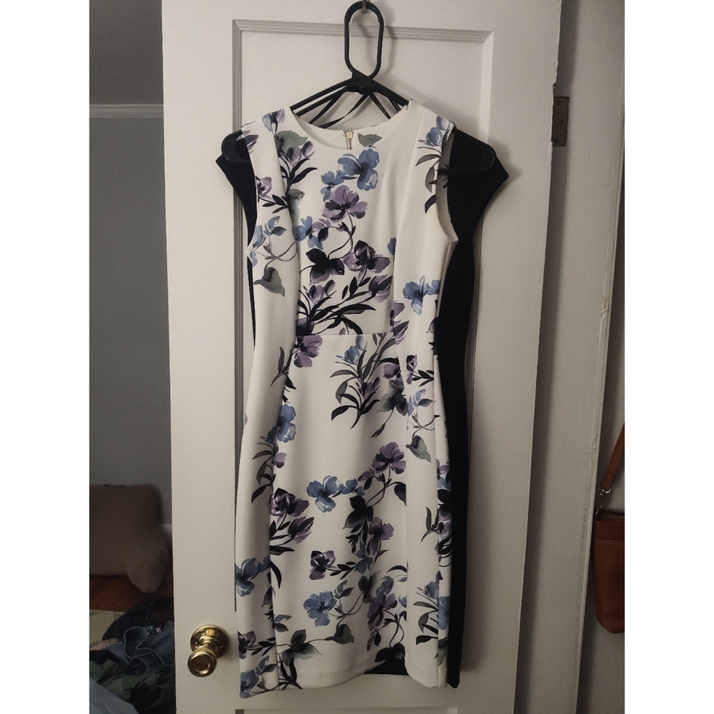 Floral White, Purple, Blue, And Black Dress